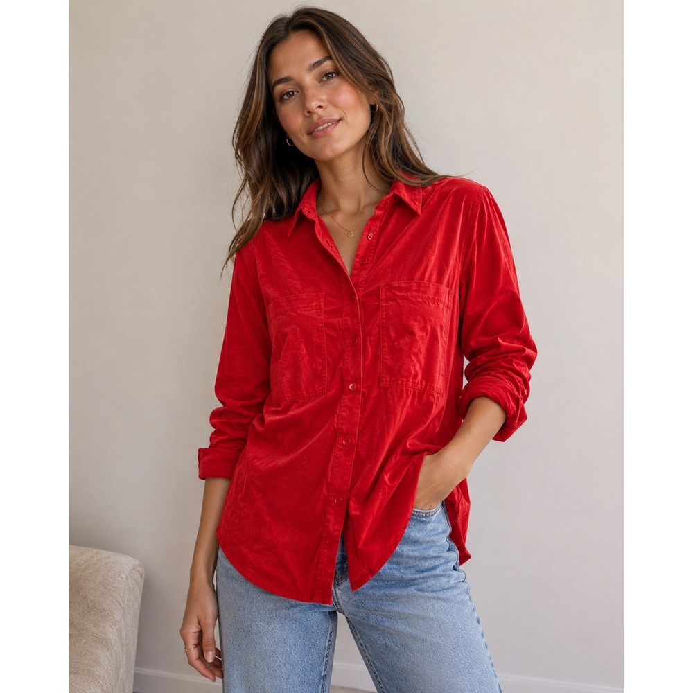 Sanctuary Shirt Women Small Red Rayon Button Up Long Sleeve Utility Pocket